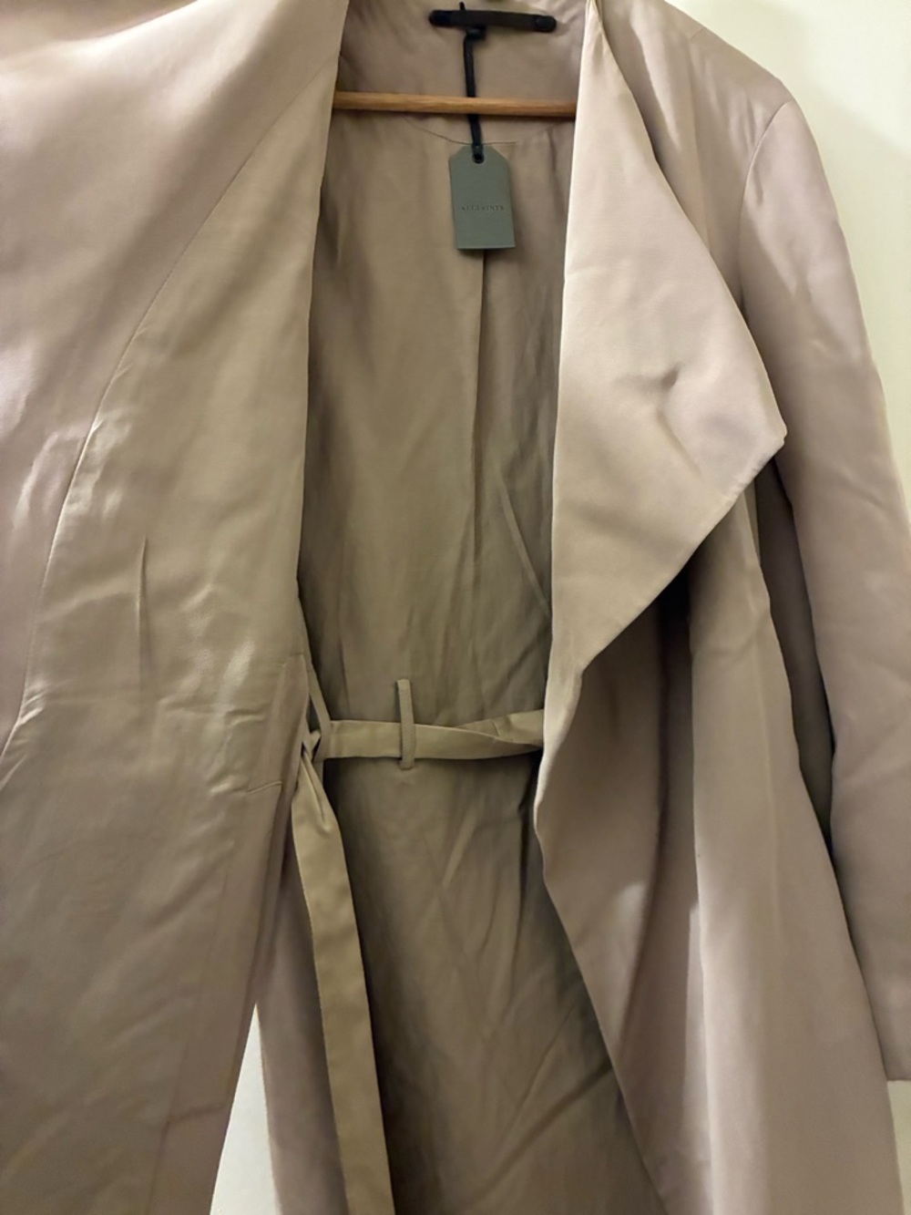 NWT AllSaints Iza Light Sand Drape Front Trench Coat - Women's Size 8 - Picture 6 of 13